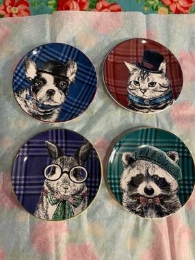 Pier 1 Imports Set 4 Desert Plates Animals Dog Cat Racoon Bunny